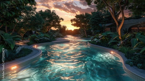 Lifelike 3D render of a lazy river ride at sunset, the water glowing with reflections of the sky, tranquil and beautiful