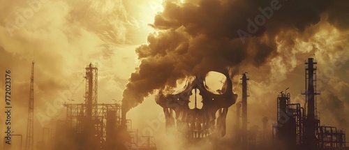 A large petrochemical plant emitting smoke in the shape of an ominous skull, creating a stark contrast between human activities and environmental