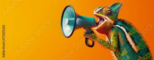 Creative announcement concept. A vibrant chameleon appears to be shouting into a megaphone against a solid orange background, showcasing a playful mix of wildlife