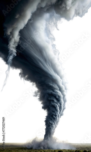 Dynamic tornado touching down on landscape, isolated on a transparent background. Powerful natural phenomenon concept with detailed swirling clouds and debris at the base.