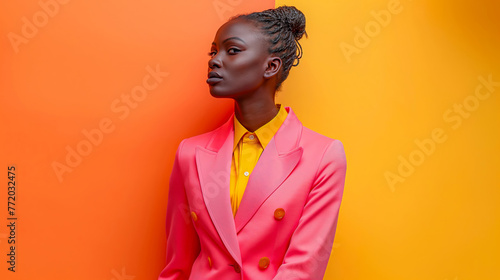 A black woman in her late thirties, wearing an elegant pink suit and yellow shirt with braided hair, stands against the vibrant orange background of a fashion photography