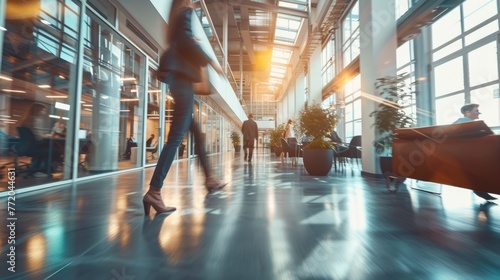bright business office with people walking, motion blur