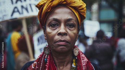 An intimate portrait of an activist, their gaze confident and direct, surrounded by signs of peaceful protest, embodying the power of authenticity and the relentless pursuit of social justice