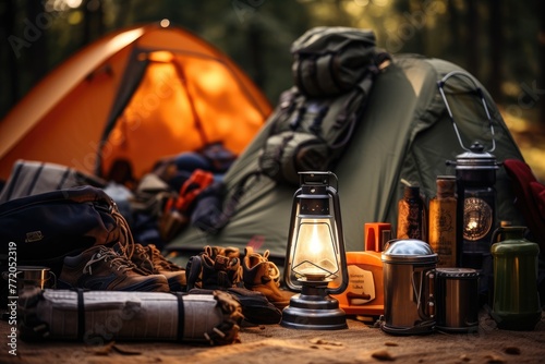 Camping Gear Arrangement: Close-up of well-arranged camping gear.
