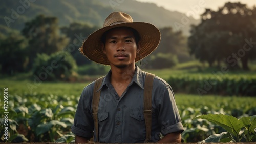 Portrait of young filipino coffee bean farmer on crops farm land field landscape background, work natural agriculture business concept from Generative AI