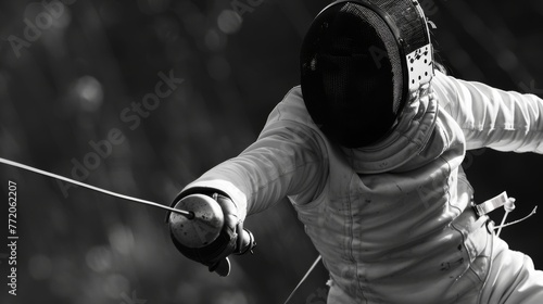 Monochrome Fencing Athlete in Attack Stance