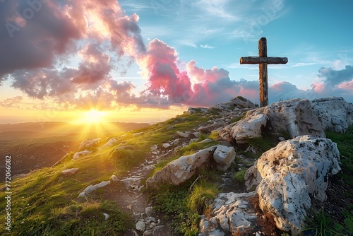 Cross Atop Hill With Sunset Background