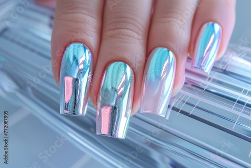 Womans hand with beautiful shiny blue manicure on nails with rhinestones closeup