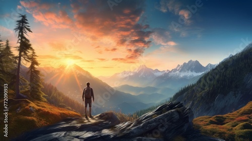 A man is standing on a mountain top, looking out at the beautiful sunset