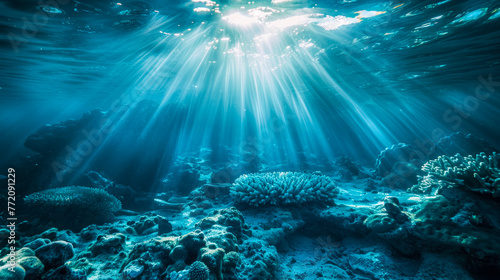 Sunbeams filter through the ocean water, illuminating the underwater landscape with a mystical blue glow over the coral reef