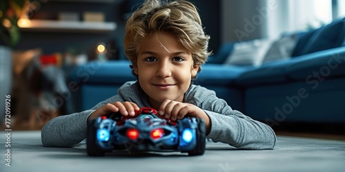 Boy with remote-controlled sports car toy and joystick, Generative AI 