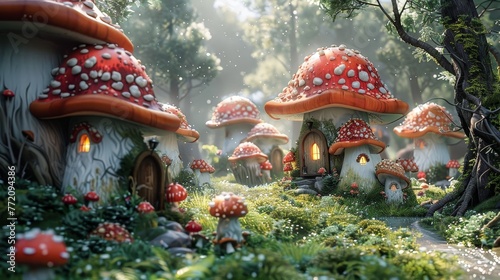 A fantasy scene with a group of mushroom houses and a path. The houses are all different sizes and have a unique design. Scene is whimsical and playful, with the mushrooms