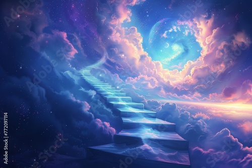 Stairway to heaven. mystical staircase to sky, astral travel fantasy epic digital art