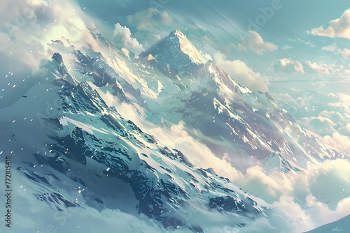 : A snowy mountain range, with towering peaks and a tranquil atmosphere
