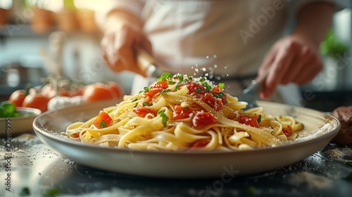 Expert hands finishing a plate of al dente fettuccine with a rich tomato sauce, garnishing with herbs, in a sunlit, rustic kitchen setting