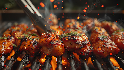 Succulent chicken thighs sizzling over a fiery grill, a chef's tongs in motion, amidst the smoky aroma of a summer barbecue
