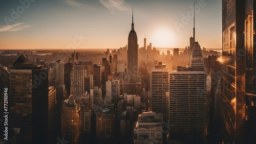 Generative AI. skyscrapers illuminated at dusk, New York skyline. IT building, IT hub, Business hub, media city, metropolitan town. 