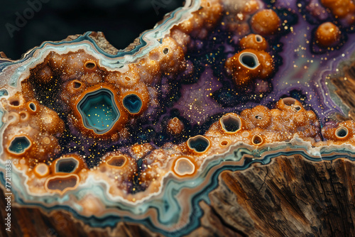 slab, picture jasper design, close-up. multi color, a little blue, a little purple, a little gold, some glow, some dark , webs of cells, some translucence, vary colors