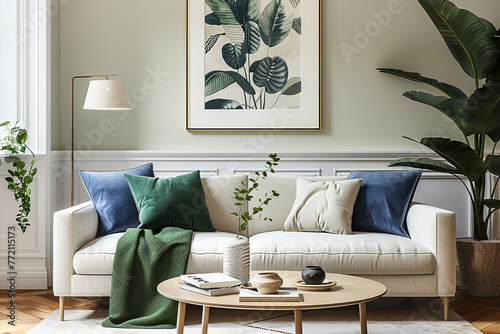 a framed art print on the wall above of an elegant sofa with green and white pillows, green throw blanket on the sofa, a coffee table in front of it with plants, modern style, natural lighting, inviti