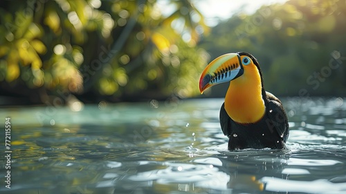 Toucan with a camera, capturing the essence of tropical landscapes, embodying the allure and beauty in travel photography and storytelling.
