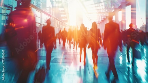 Blurred figures walking in a busy, modern office building with sun flare, representing corporate rush and urban life dynamics.