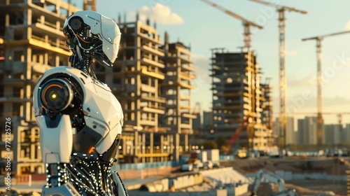 A robotic machine stands in front of an active construction site, observing the ongoing work, Artificial intelligence supervising a construction site