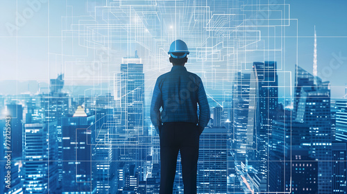 Back view of engineer in hardhat standing on abstract city background with double exposure of HUD interface. Concept of hi tech. Toned image
