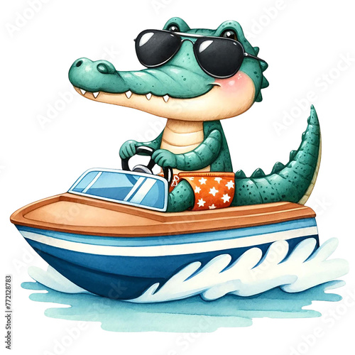 Cute crocodile driving a speedboat in the sea watercolor clipart .AI Generate