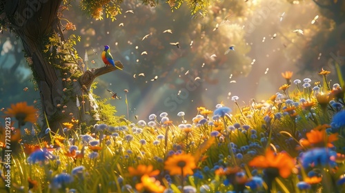 A picturesque meadow bathed in golden sunlight, adorned with vibrant wildflowers, as a flock of rainbow lorikeets adds a burst of color to the scene.