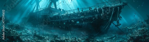 Serenely nestled within the colorful arms of a thriving coral reef, the haunting remnants of a shipwreck offer a glimpse into an underwater world.