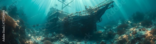 In the tranquil depths of the ocean, the spectral wreckage of a sunken ship finds solace amidst the vibrant coral reef.