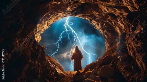 Jesus Emerging with Lightning, Jesus, lightning, round shape
