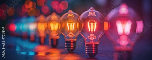 electric light bulbs in row idea for creative concept background , colorful with defocus copy space, abstract background, Generative Ai