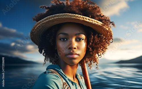 Young African American woman with afro hair is lying and relaxing on sup serfing board with sunshine in the blue sea