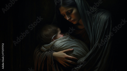 A solitary figure draped in flowing robes, the embodiment of maternal sorrow, holds the limp body of her beloved child in a quiet chamber.