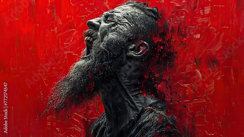 An impressive portrait of a Viking in a rage that destroys him from the inside. A male warrior with a brutal beard on a red aggressive background with intricate details.