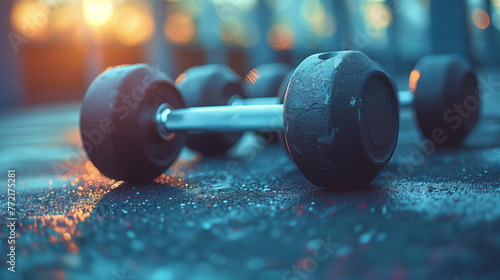Dumbbells on ground, health club, sports training, muscular build, lifestyle