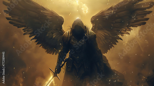 Dark warrior angel with medieval sword. fantasy background. digital ai art. Generative Ai