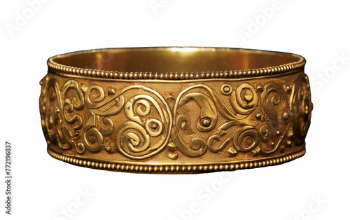 A stunning gold bracelet adorned with intricate designs, exuding elegance and opulence