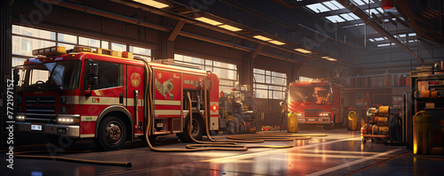 Firetruck ready inside a fire station bay