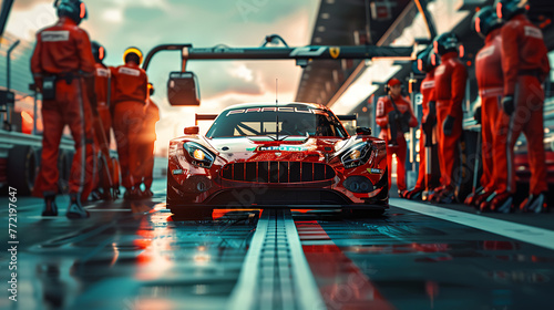 Professional pit crew ready for action as their team's race car arrives in the pit lane during a pitsstop of a car race. Generative Ai