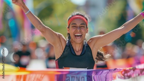 Marathon Runner Triumphantly Crossing Finish Line