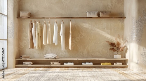 Collection of clothes hanging on a rack in neutral beige colors. 3d rendering