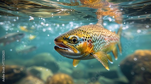 Close-up shot predatory fish salmon trout in habitat under water. Sport fishing concept