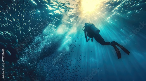 Scuba diver with bubbles ascending amidst a school of fish.