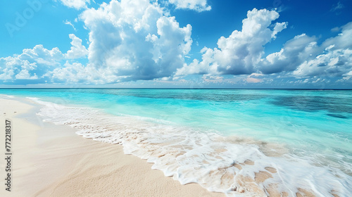 Beautiful sandy beach, white sand, calm turquoise waves, sunny day, white clouds in blue sky, Maldives island, colorful perfect panoramic natural landscape