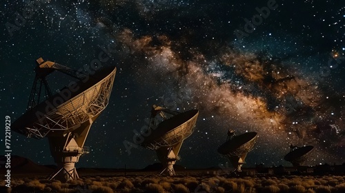 Giant radio telescopes observe the vastness of space, gazing at our galaxy, the Milky Way, amidst the twinkling night sky.