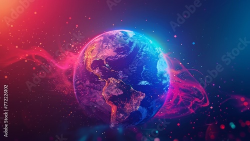 Vibrant Earth with neon cosmic swirls - The Earth is illuminated with neon pink and blue swirls against a starry space backdrop, symbolizing technology and connectivity