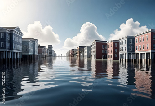 a flooded street with buildings in the water