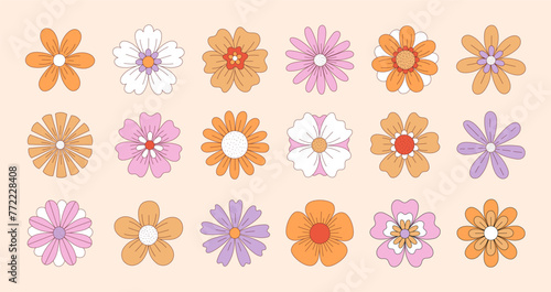 Collection of groovy hippie flowers in retro 1970s style. Vintage hand drawn funky flowers. Vector illustration